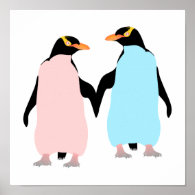 Pink and blue Penguins holding hands. Poster