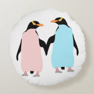 Pink and blue Penguins holding hands. Round Pillow