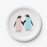 Pink and blue Penguins holding hands. 7 Inch Paper Plate