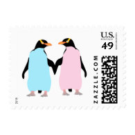 Pink and blue Penguins holding hands. Stamp
