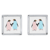Pink and blue Penguins holding hands. Silver Finish Cuff Links