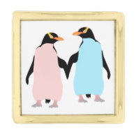 Pink and blue Penguins holding hands. Gold Finish Lapel Pin