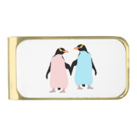 Pink and blue Penguins holding hands. Gold Finish Money Clip