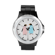 Pink and blue Penguins holding hands. Wrist Watches