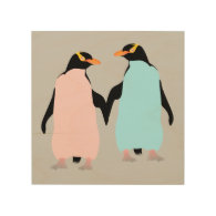 Pink and blue Penguins holding hands. Wood Canvases
