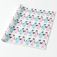 Pink and blue penguins holding hands. wrapping paper