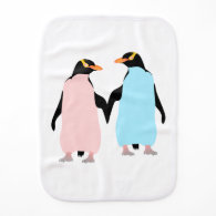 Pink and blue Penguins holding hands. Baby Burp Cloth