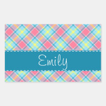 Pink and Blue Plaid Pattern Rectangular Stickers
