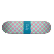 Pink and Blue Plaid Pattern Skate Board Deck