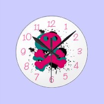Pink and Blue Skull and Crossbone Splatter Clock wall clocks