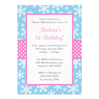 Pink and Blue Snowflakes Winter Onederland Personalized Invitation