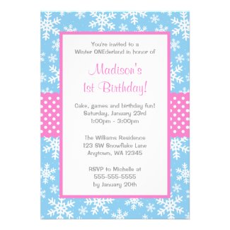 Pink and Blue Snowflakes Winter Onederland Personalized Invitation