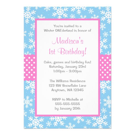 Pink and Blue Snowflakes Winter Onederland Personalized Invitation