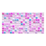 pink and blue squares pattern customized photo card