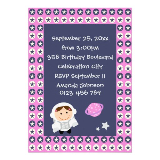 Pink and Blue Stars Spacegirl Birthday Party Announcements