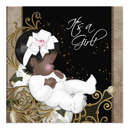 Pink and Brown African American Baby Girl Shower Personalized Invitations
