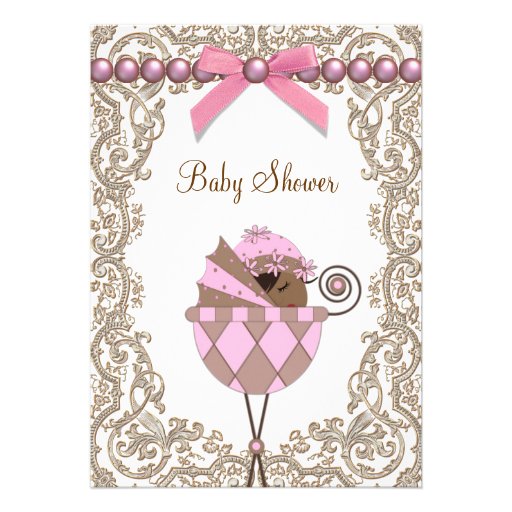 Pink and Brown African American Baby Girl Shower Invites