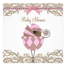Pink and Brown African American Girl Shower Invitations