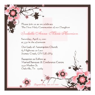 Pink and Brown Cherry Blossom Communion Invitation