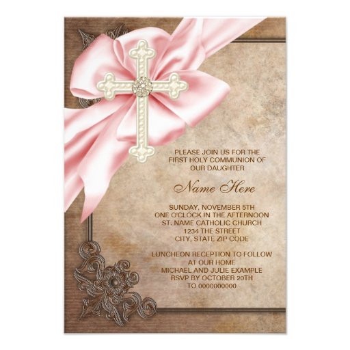 Pink and Brown Cross First Communion Personalized Announcement