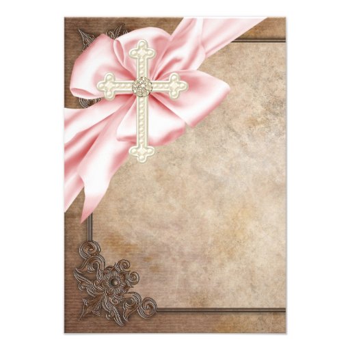 Pink and Brown Cross First Communion Personalized Announcement