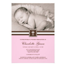 Pink and Brown Cross Girl Photo Baptism Invites