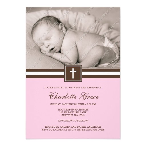 Pink and Brown Cross Girl Photo Baptism Invites (front side)