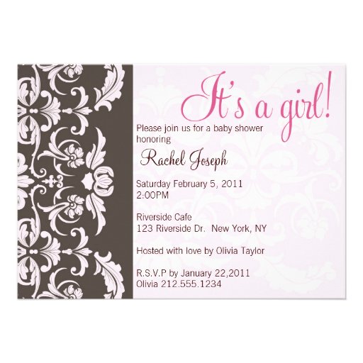 Pink and Brown Damask Baby Girl Shower Invite