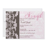 Pink and Brown Damask Baby Girl Shower Invite
