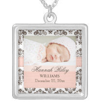 Pink and Brown Damask Baby Photo Necklace