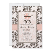 Pink and Brown Damask Baby Shower Invitations