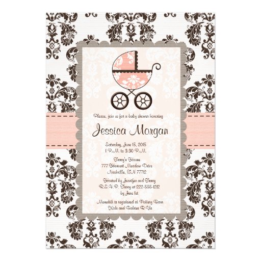 Pink and Brown Damask Baby Shower Invitations