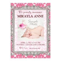 Pink and Brown Damask Birth Announcement invitations