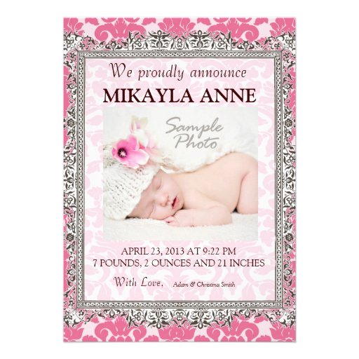 Pink and Brown Damask Birth Announcement