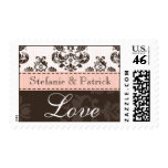 Pink and Brown Damask Love Wedding Postage Stamps