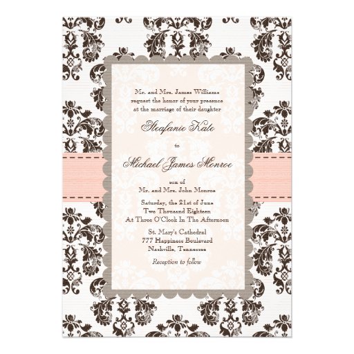 Pink and Brown Damask Wedding Invitations