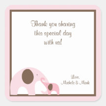 Pink and Brown Elephant Favor Label Stickers