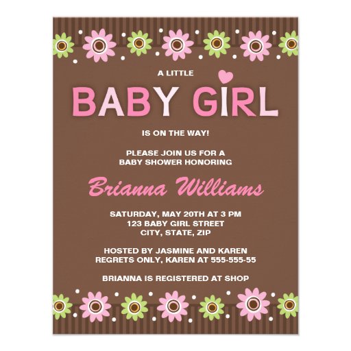 Pink and brown floral girl baby shower invitation