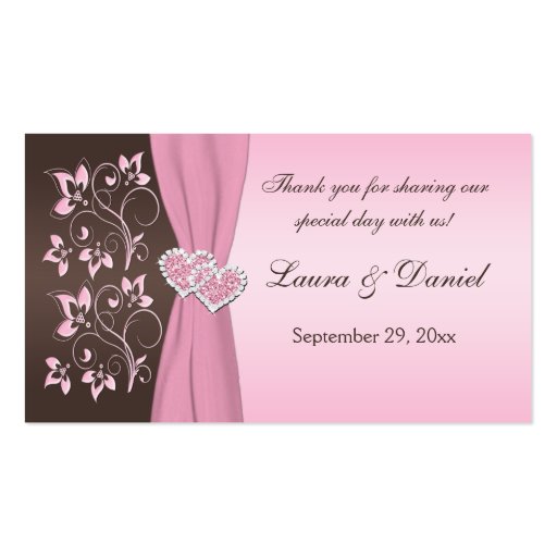 Pink and Brown Floral, Hearts Wedding Favor Tag Business Card Template (front side)