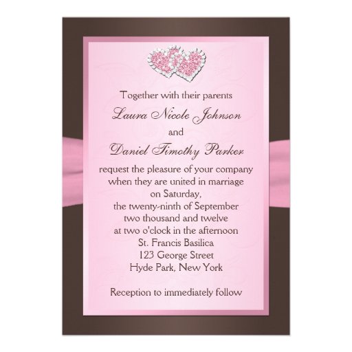 Pink and Brown Joined Hearts Monogram Invitation