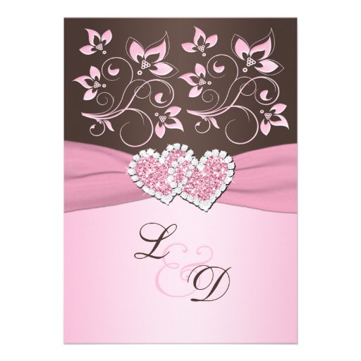 Pink and Brown Joined Hearts Monogram Invitation