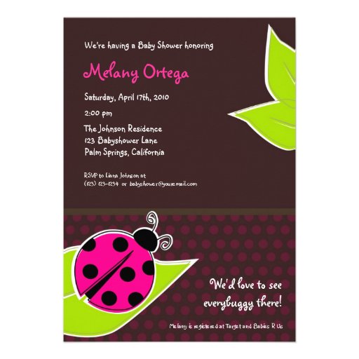 Pink and Brown Ladybug Baby Shower Invitations (front side)