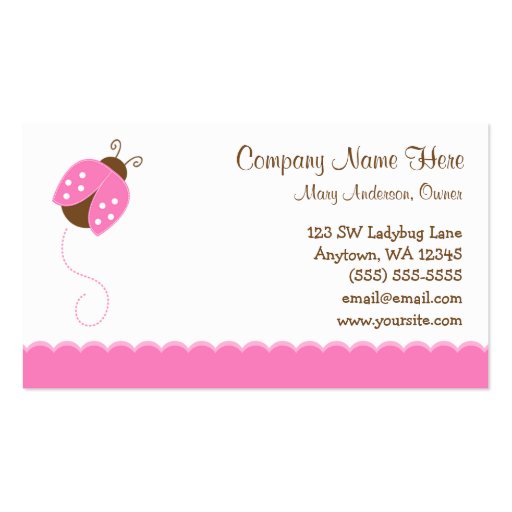 Pink and Brown Ladybug Business Card Templates (front side)