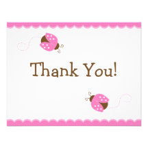 Pink and Brown Ladybug Flat Thank You Card Personalized Announcement