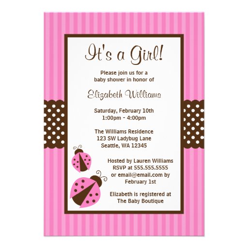 Pink and Brown Ladybug Striped Dots Baby Shower Custom Invitation (front side)