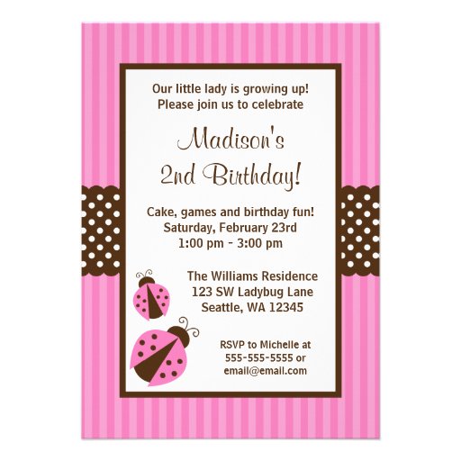 Pink and Brown Ladybug Striped Dots Birthday Party Personalized Announcement