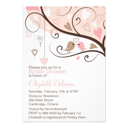 Pink and Brown Love Birds Bridal Shower Invitation