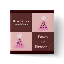 Pink and Brown Party Hat Birthday Party Products buttons
