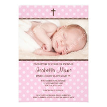 Pink and Brown Polka Dot Cross Girl Photo Baptism Custom Invitation