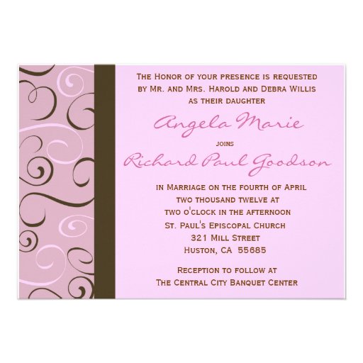 Pink and Brown Swirls Wedding  Invitation (front side)